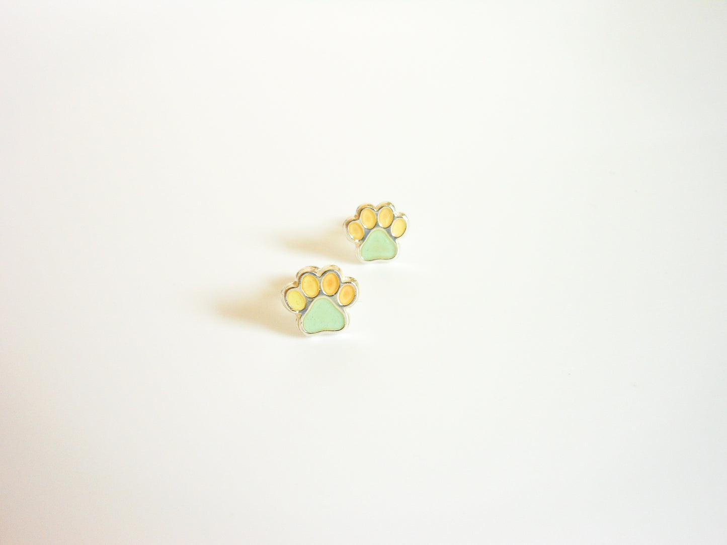Dog Paw Stud Earrings .925 Sterling Silver with Enameled Mint/Yellow Colors, Ball End Studs