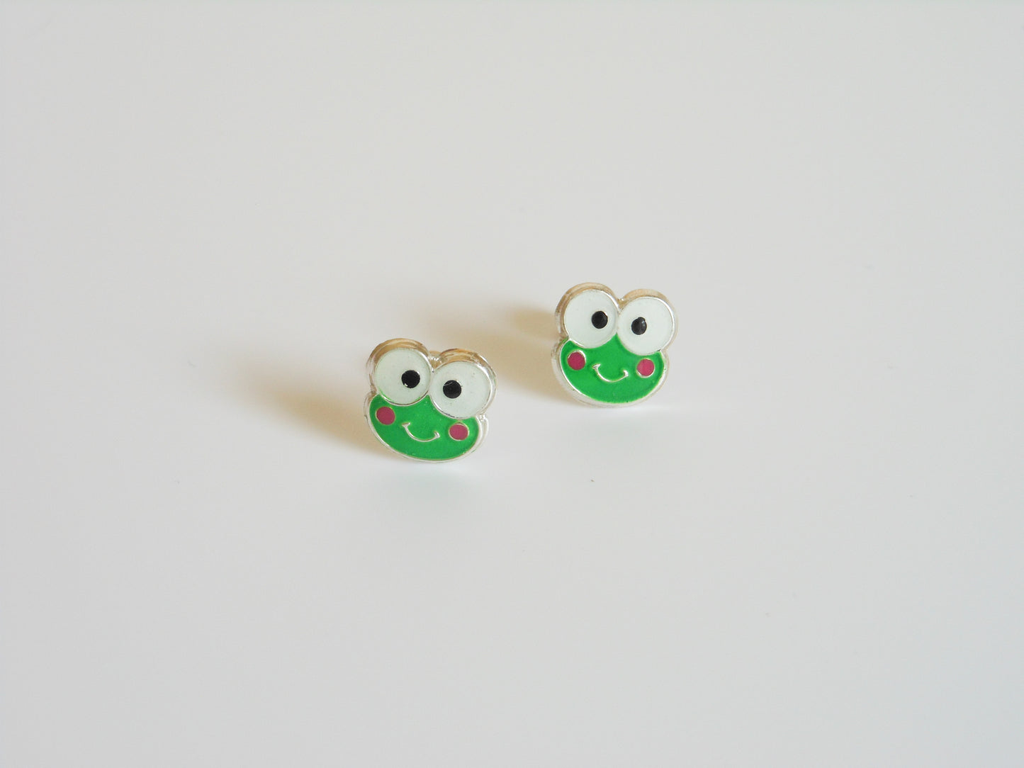 Cute Frog Stud Earrings .925 Sterling Silver with Enameled Colors, Ball End Stud Earrings