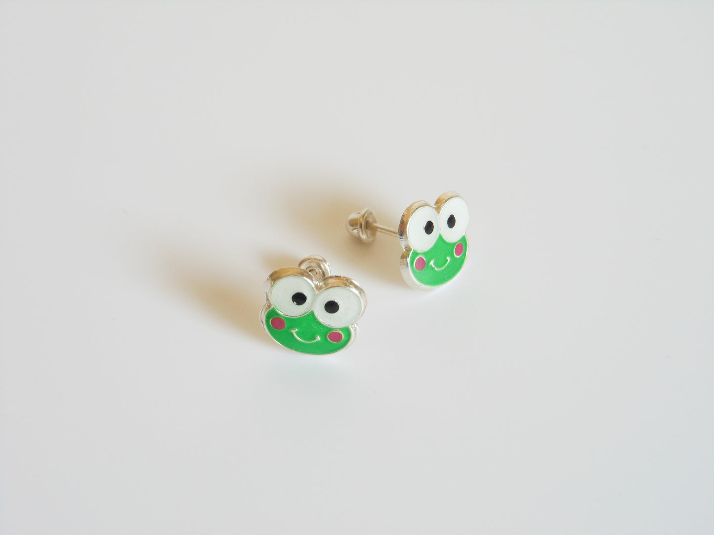 Cute Frog Stud Earrings .925 Sterling Silver with Enameled Colors, Ball End Stud Earrings