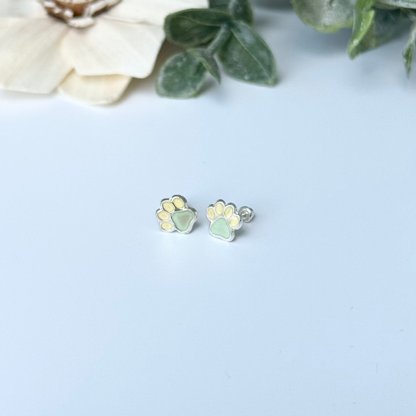 Dog Paw Stud Earrings .925 Sterling Silver with Enameled Mint/Yellow Colors, Ball End Studs