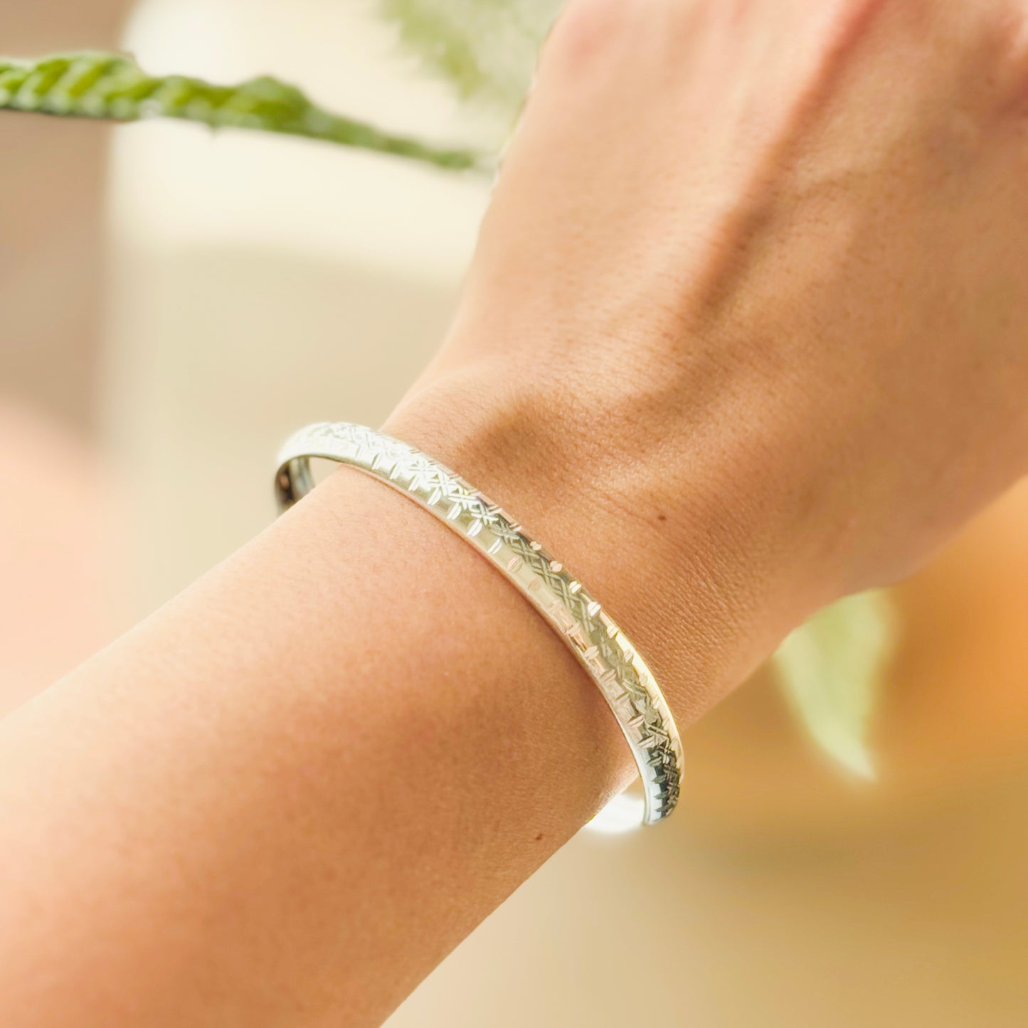 Sterling Silver Bangle Bracelet with Diamond Design