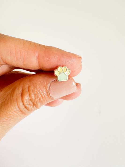 Dog Paw Stud Earrings .925 Sterling Silver with Enameled Mint/Yellow Colors, Ball End Studs